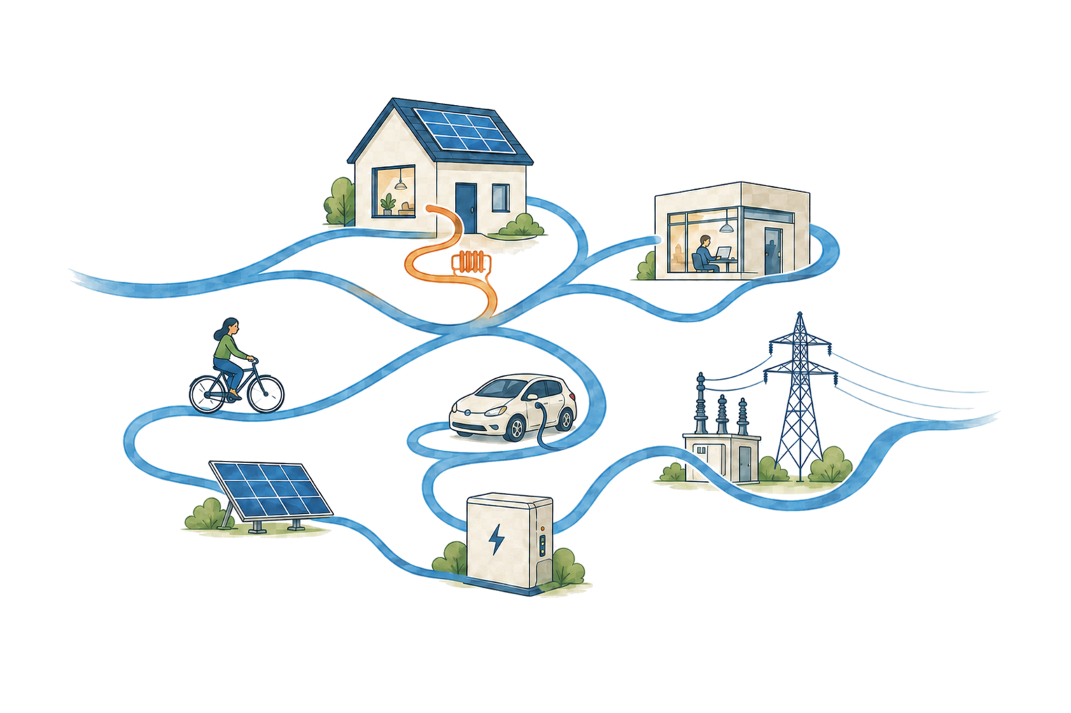 Een organische energiestroom die wonen, werken, warmte, mobiliteit, lokale opwek, opslag en het elektriciteitsnet bij elkaar brengt