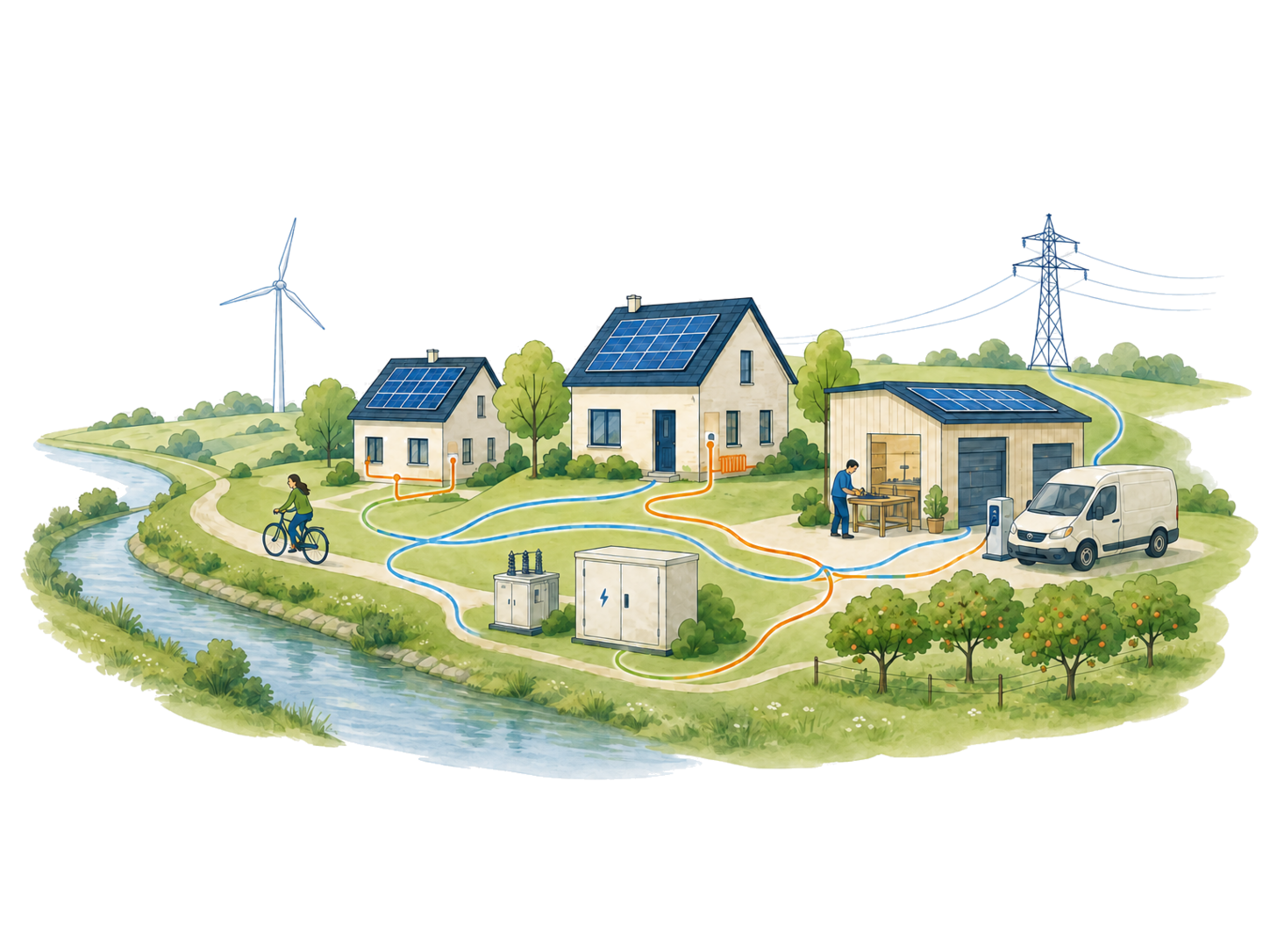 Een Rivierenlandse omgeving waarin wonen, werken, mobiliteit, warmte, opwek, opslag en het elektriciteitsnet elkaar beïnvloeden