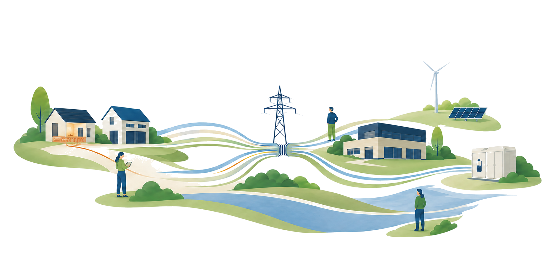 Rivierenlands landschap waarin woningen, warmte, bedrijvigheid, duurzame opwek, opslag en het elektriciteitsnet met elkaar verbonden zijn