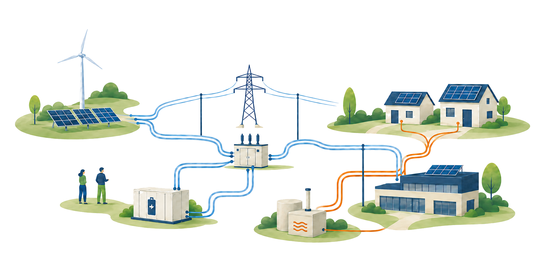 Systeemillustratie waarin duurzame opwek via het elektriciteitsnet verbonden is met opslag, warmte, woningen en bedrijven