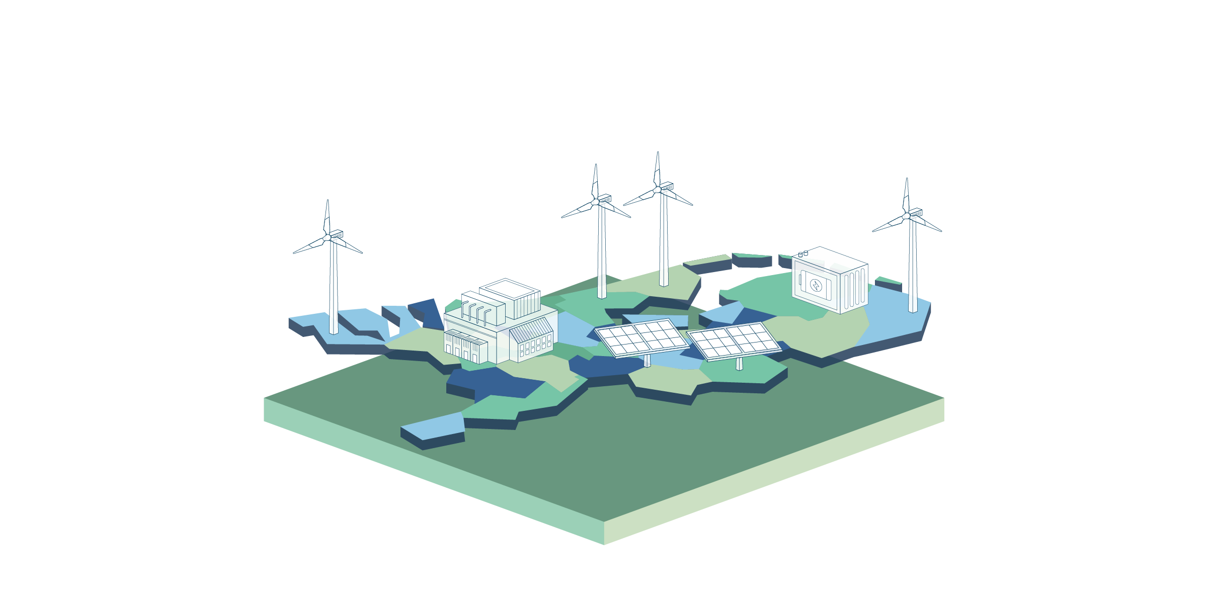 Gestileerd energielandschap met windturbines, zonnepanelen, opslag en energie-infrastructuur